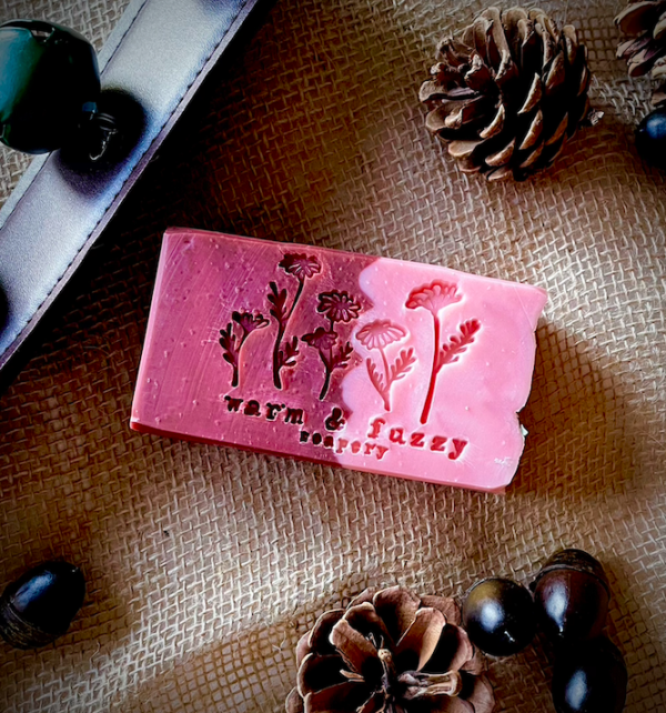 a pink soap surrounded by pinecones