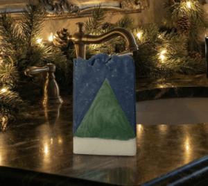 A bar of soap sitting on a bathroom sink